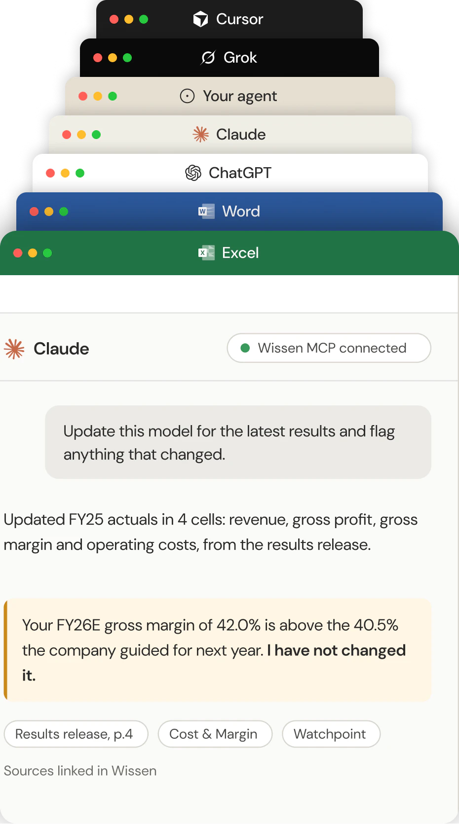 Wissen research in Excel through Claude, with Word, ChatGPT, Claude, your own agent, Grok and Cursor stacked behind.